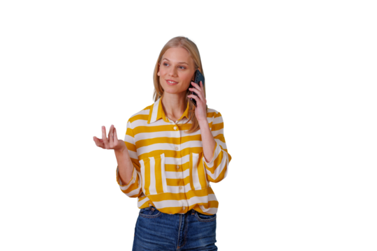 Young woman talking on mobile phone, gesturing hand while having a casual conversation, discussing ideas, expressing thoughts