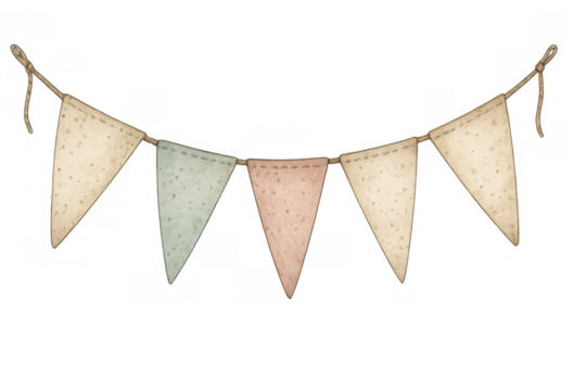 Pastel watercolor bunting banner, hand drawn garland with triangular flags, rustic celebration decoration, transparent background