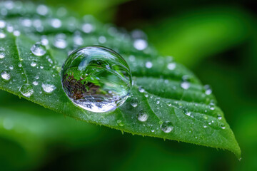 Large Water Droplet on a Green Leaf Reflecting Greenery