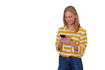 Woman smiling and typing on a mobile phone, sending messages or browsing social media. Transparent background