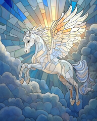 Winged white unicorn flying through clouds in stained glass style  