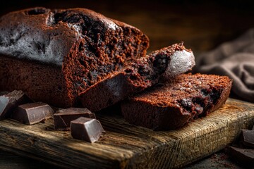 Rustic chocolate pound cake sliced dense moist. For bakery, food, dessert, pastry, recipe content.