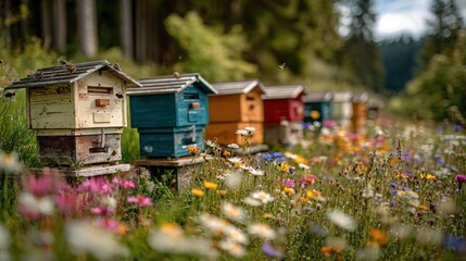 Colorful beehives blooming wildflower meadow nature. For beekeeping, agriculture, nature, sustainability.