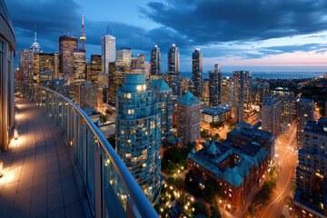Fototapeta premium Toronto city skyline at dusk from a high rise balcony