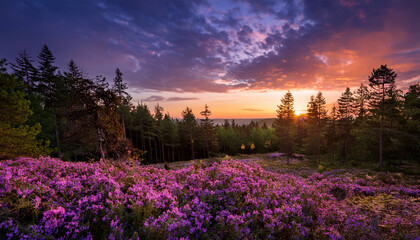 Naklejka premium Vibrant Purple Flowers Bloom Against A Dramatic Sunset Sky In A Serene Forest Setting During Twilight