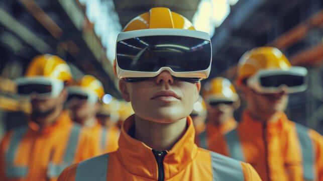 Workers in safety gear wearing VR headsets in a modern industrial setting.
