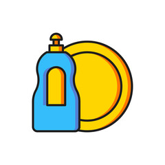 Color Dishwashing liquid bottle and plate icon isolated on white background. Liquid detergent for washing dishes. Flat filled outline style with shadow. Vector