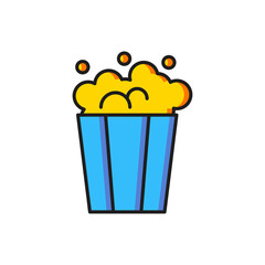 Color Popcorn in cardboard box icon isolated on white background. Popcorn bucket box. Flat filled outline style with shadow. Vector