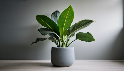 Lush Plant In A Grey Pot A Vibrant Green Plant With Broad Leaves Thrives In A Simple Elegant Grey Pot Creating A Fresh And Lively Atmosphere