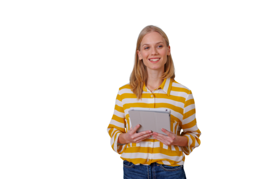 Smiling blonde woman holding a tablet, standing, looking away, digital technology, studying, working, transparent background