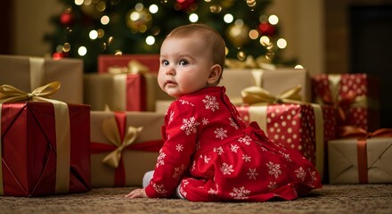 A baby in a red snowflake dress sits among christmas presents with a christmas tree in the background