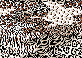 Leopard and zebra pattern design, illustration background. Seamless patchwork pattern design.