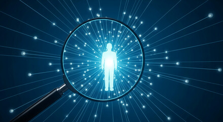 Magnifying glass focuses on glowing human figure, surrounded by radiating lines and nodes, symbolizing connection, data analysis, or network investigation