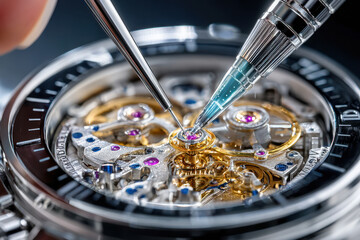 Close Up of Watch Mechanism Being Oiled