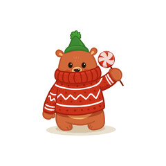 Cute cartoon bear with candy. Teddy bear in flat style for greeting card, christmas card. Vector illustration