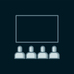 Line Cinema auditorium with screen icon isolated on black background. Flat filled outline style with shadow. Vector