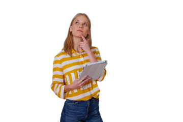 Woman thinking and brainstorming, holding tablet, looking up for creative inspiration and new ideas, transparent background