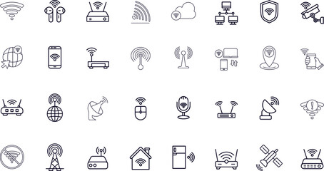 Wireless Technology and Networking Vector Icons. Set of 32 line art symbols for Wi-Fi, signal, and connected devices. Includes router, smartphone, satellite, and 5G