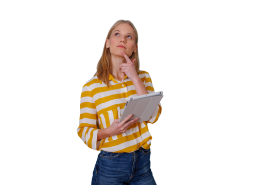 Woman thinking and brainstorming, holding tablet, looking up for creative inspiration and new ideas, transparent background - Powered by Adobe