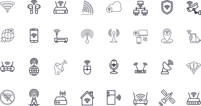 Wireless Technology and Networking Vector Icons. Set of 32 line art symbols for Wi-Fi, signal, and connected devices. Includes router, smartphone, satellite, and 5G