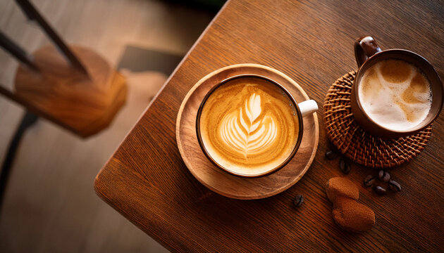 Warm Light Coffee Flat Lay In Cozy Caf Capturing Lifestyle And Branding With Latte Foam Art