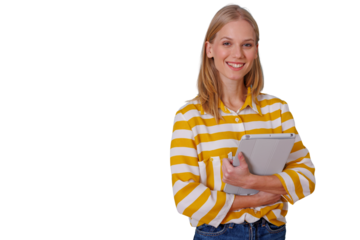 Young woman smiling, holding tablet with stylus, studying online, learning digital skills, transparent background