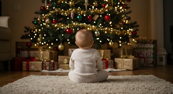 A baby sitting on a rug in front of a christmas tree with presents underneath it during the holidays