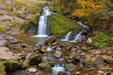 Kamianka Waterfall in Skole Beskids National Park near Skole town, Lviv region, Ukraine, in autumn