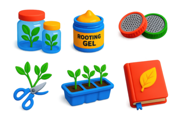 Set of six images of gardening tools and supplies