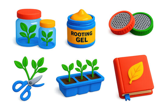 Set of six images of gardening tools and supplies - Powered by Adobe