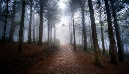 Misty Forest Path With Silhouetted Trees