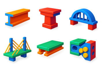 Colorful Bridge Icons. 3D icon set of bridge components: beams, piers, arches, cables, deck panels, joints. A set of 3D-style