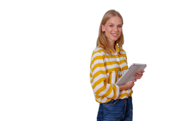 Young woman smiling while holding a digital tablet, demonstrating technology, connectivity and communication, transparent background
