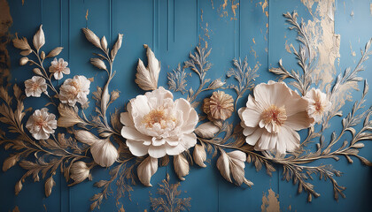 Vintage Wall Decor Featuring Distressed Materials And Floral Elements Against A Peeling Blue Background
