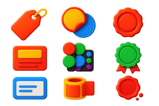 Bold Branding Icons. 3D icon set of labeling and branding: tags, stickers, embossed caps, labels, color codes, seals. A set of