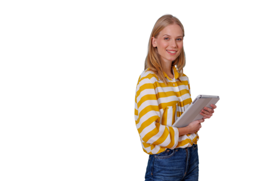 Young woman smiling while holding a digital tablet, demonstrating technology, connectivity and communication, transparent background