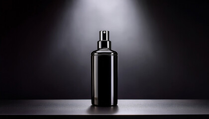 Sleek Black Spray Bottle Stands Prominently Against Dark Moody Background Illuminated By Single Overhead Light Elegant Design And Glossy Finish Evoke Sense Of Luxury And Sophistication