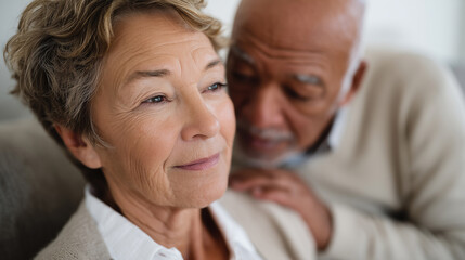 Mature woman sitting and staring ahead while her elderly husband gently cares for her at home