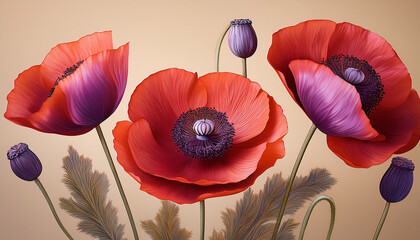 Three Red Poppies With Purple Spots Are Depicted In A Modern Illustration On A Beige Background