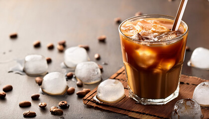 Iced Coffee Drink In Clear Cup With Straw And Ice Cubes