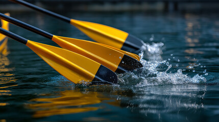 Close-up of synchronized paddles entering the water, strong composition and repetition pattern, teamwork concept, with copy space.