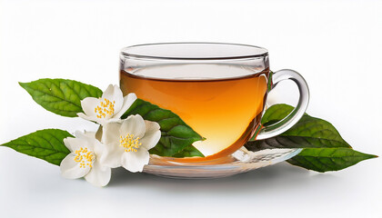 Tea Cup With Jasmine Flowers And Leaves White Isolate Background Transparent Background