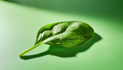 Single Fresh Spinach Leaf On Clean Wide Surface Vibrant Green Color Natural Light Casting Soft Shadow Healthy Organic Vegetable Closeup Detail Minimalistic Composition