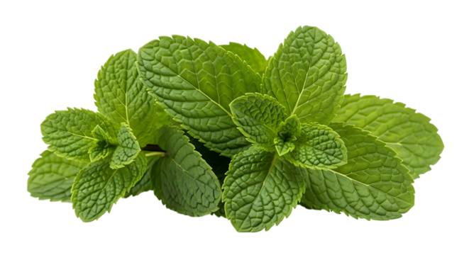Fresh green mint leaves with textured surface, isolated on white or transparent background, PNG