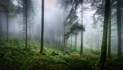 Misty Forest With Tall Evergreen Trees Dense Undergrowth Creates Mysterious Blurred Atmospheric Natural Landscape Fog Permeates Scene Evoking Tranquility Eerie Beauty Ideal Projects Seeking Calm