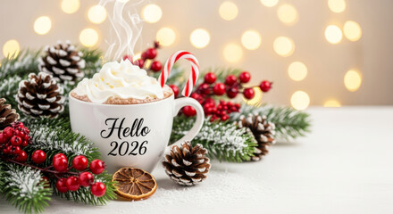 Hot chocolate mug with Hello 2026 text, whipped cream, and candy cane, surrounded by festive Christmas decor.