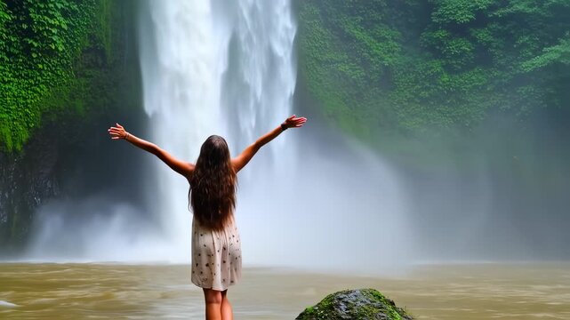 A woman stands with arms outstretched before a massive waterfall, lush green surrounds