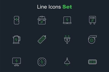 Set line Electrical outlet, Lamp hanging, Lightning bolt, Smart Tv, Roll adhesive tape, plug, extension and kettle icon. Vector