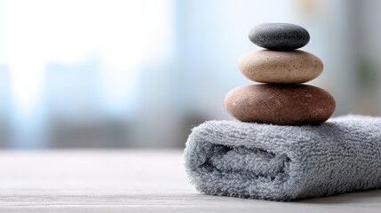 Three Stacked Stones On A Soft Towel For Spa Balance And Relaxation