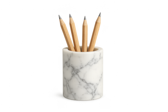 Wooden pencils in marble holder transparent background